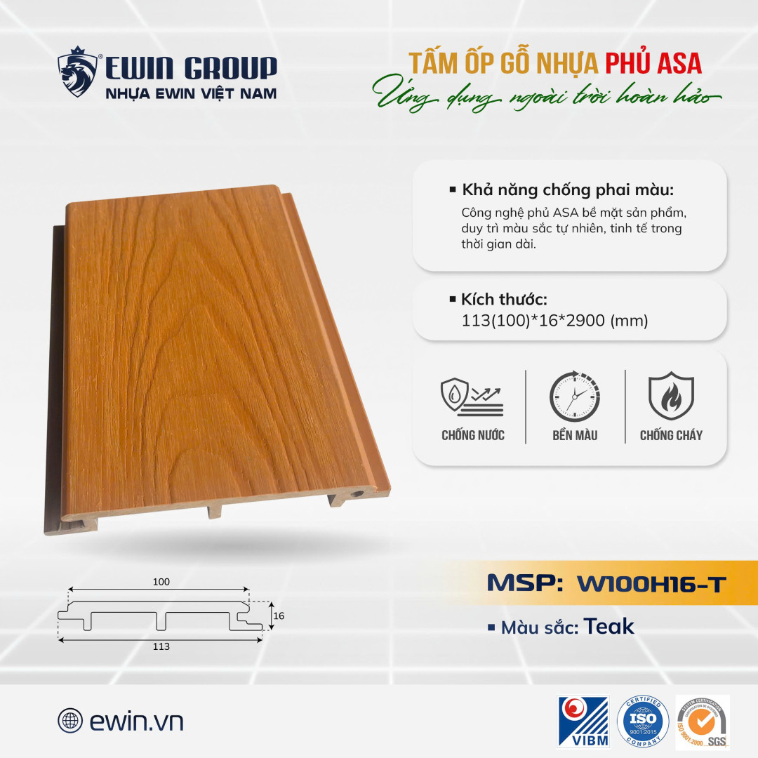 TẤM ỐP GỖ NHỰA PVC PHỦ ASA – MSP W100H16T ( Teak)