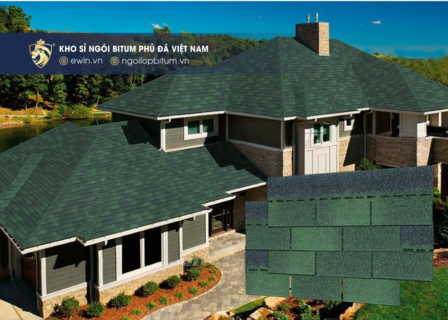 Ngói bitum đồng phẳng màu xanh rêu