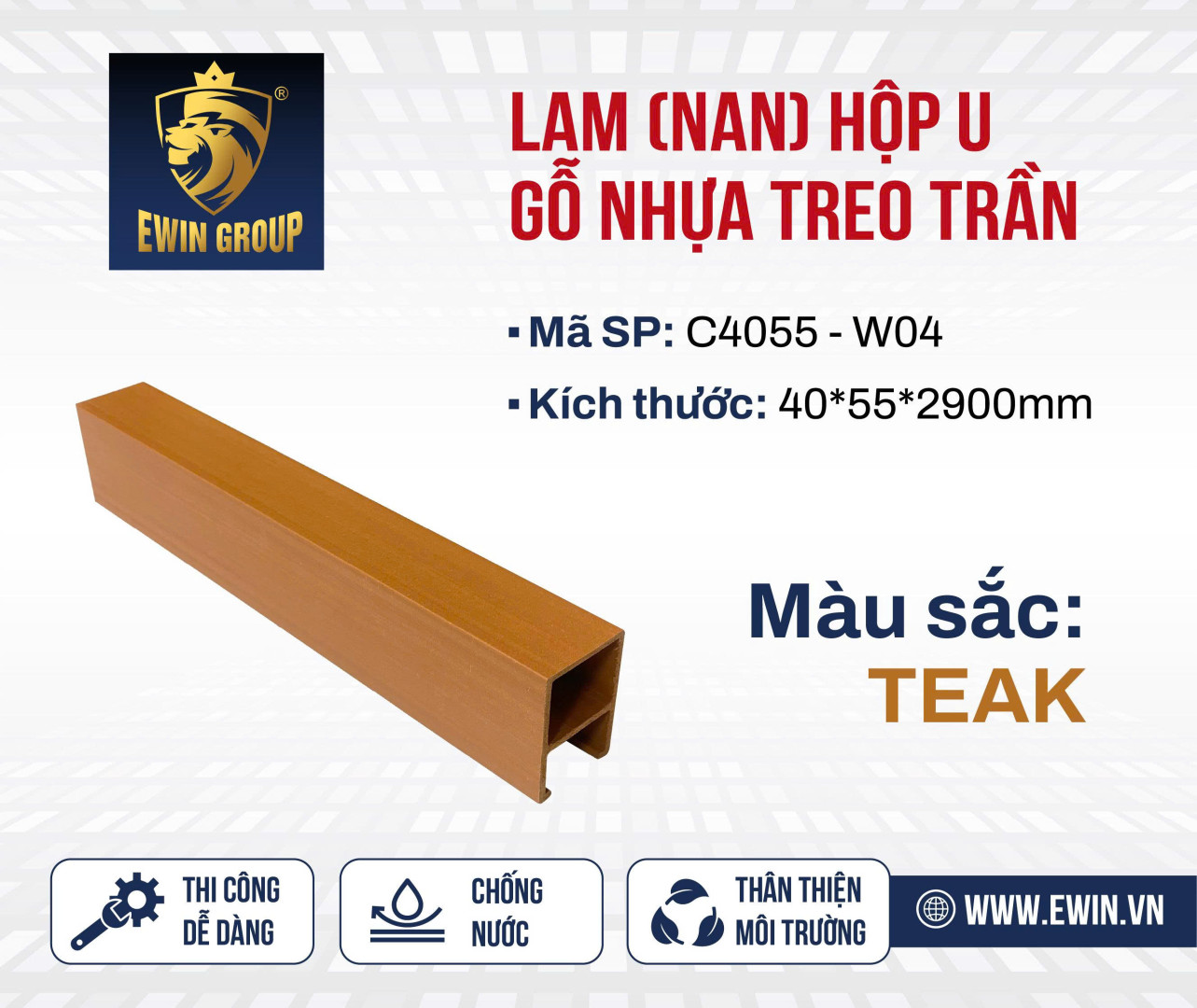 Thanh lam U gỗ nhựa treo trần – Teak