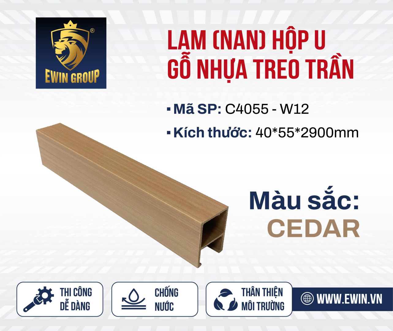 Thanh lam U gỗ nhựa treo trần – Cedar