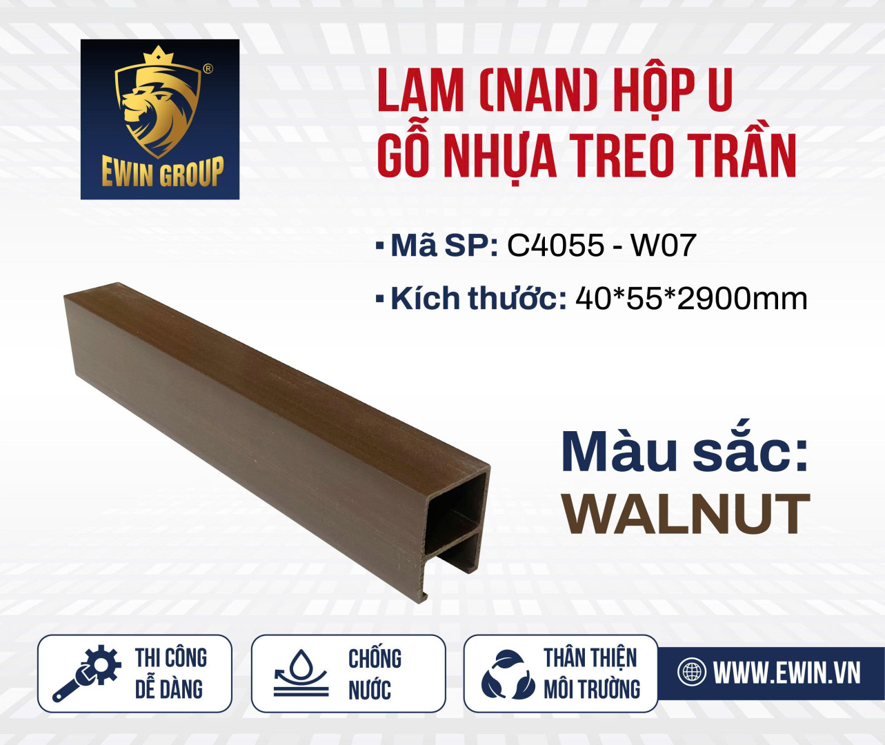 Thanh lam U gỗ nhựa treo trần – Walnut
