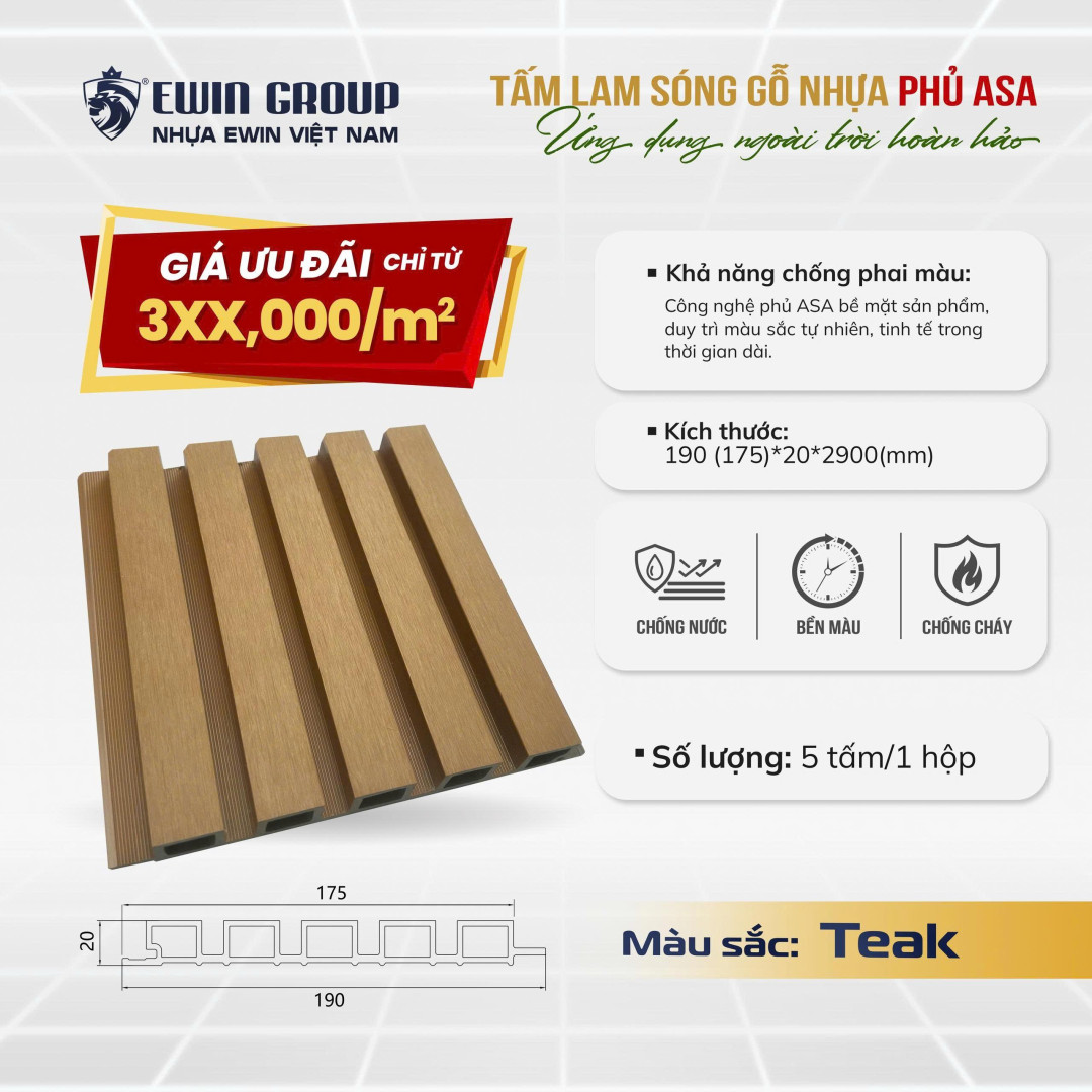 TẤM ỐP LAM SÓNG GỖ NHỰA PHỦ ASA ( TEAK)