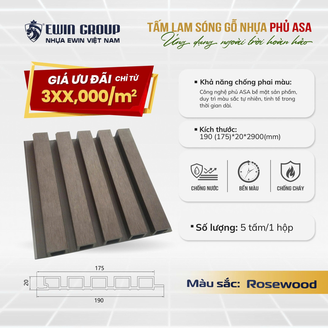 TẤM ỐP LAM SÓNG GỖ NHỰA PHỦ ASA ( ROSEWOOD)