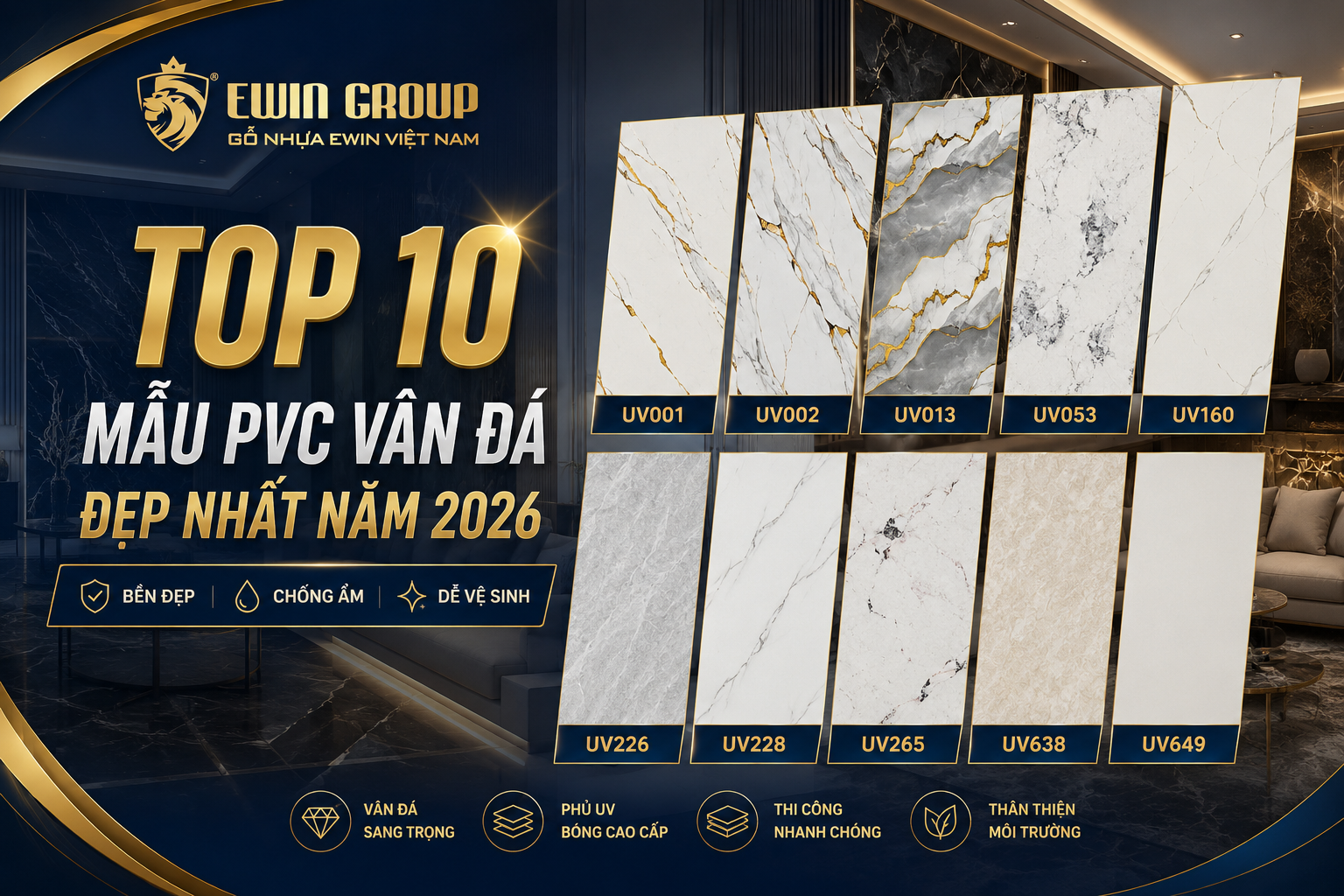 Top 10 mẫu tấm PVC vân đá phủ UV đẹp nhất năm 2026